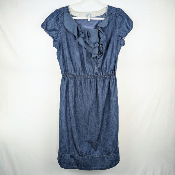 Maeve Dresses & Skirts - Anthropologie Maeve Denim Dress M Blue Navy Ruffle Pocket Short Sleeve Coquette